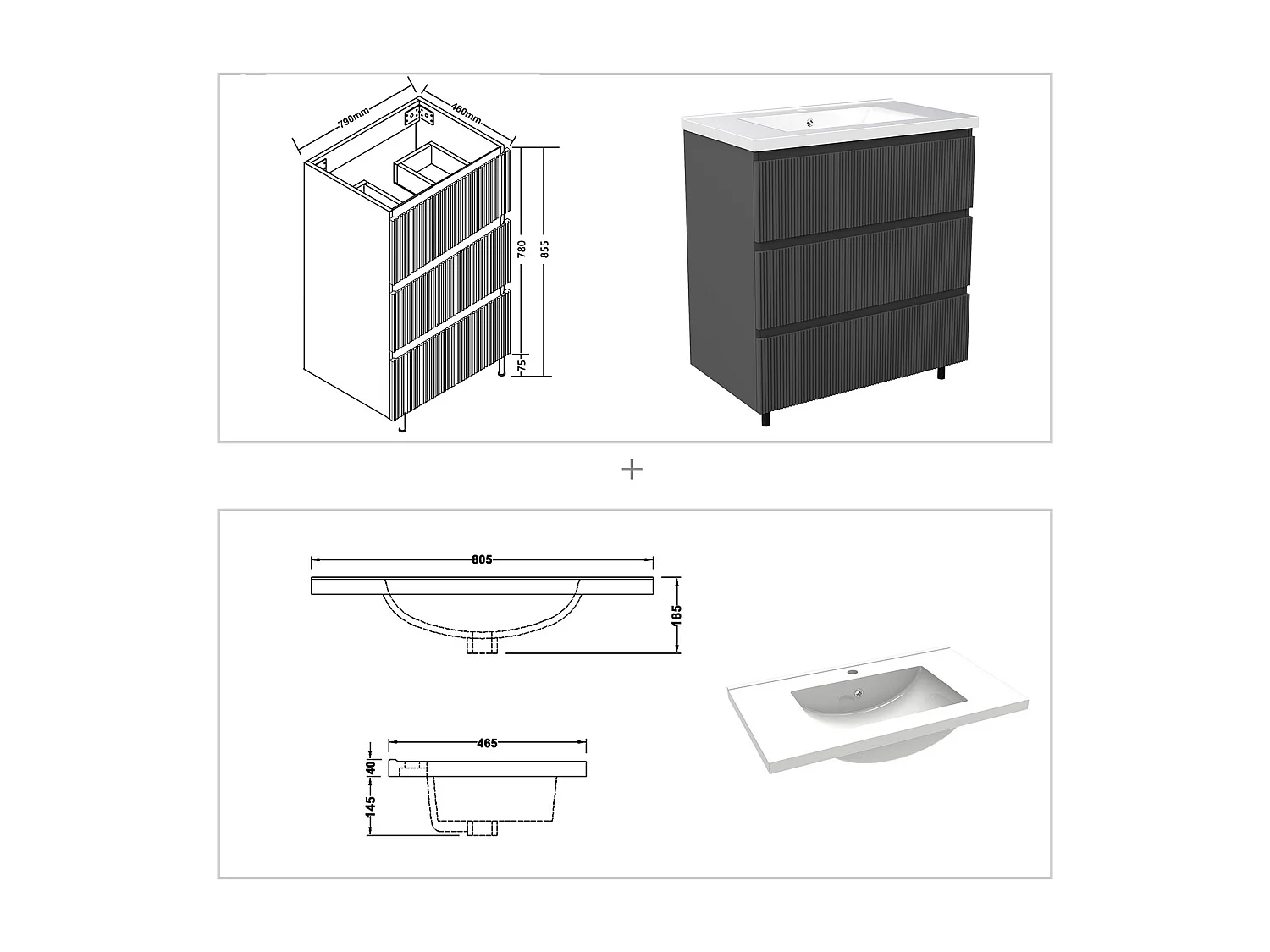 Meuble de salle de bain suspendu Strié 80cm avec simple vasque + 3 tiroirs, Anthracite