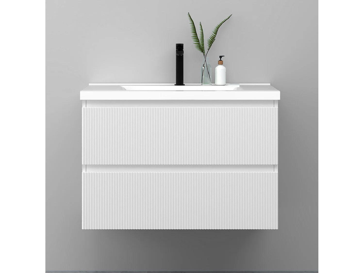 Meuble de salle de bain suspendu Strié 80cm avec simple vasque + 2 tiroirs, Blanc