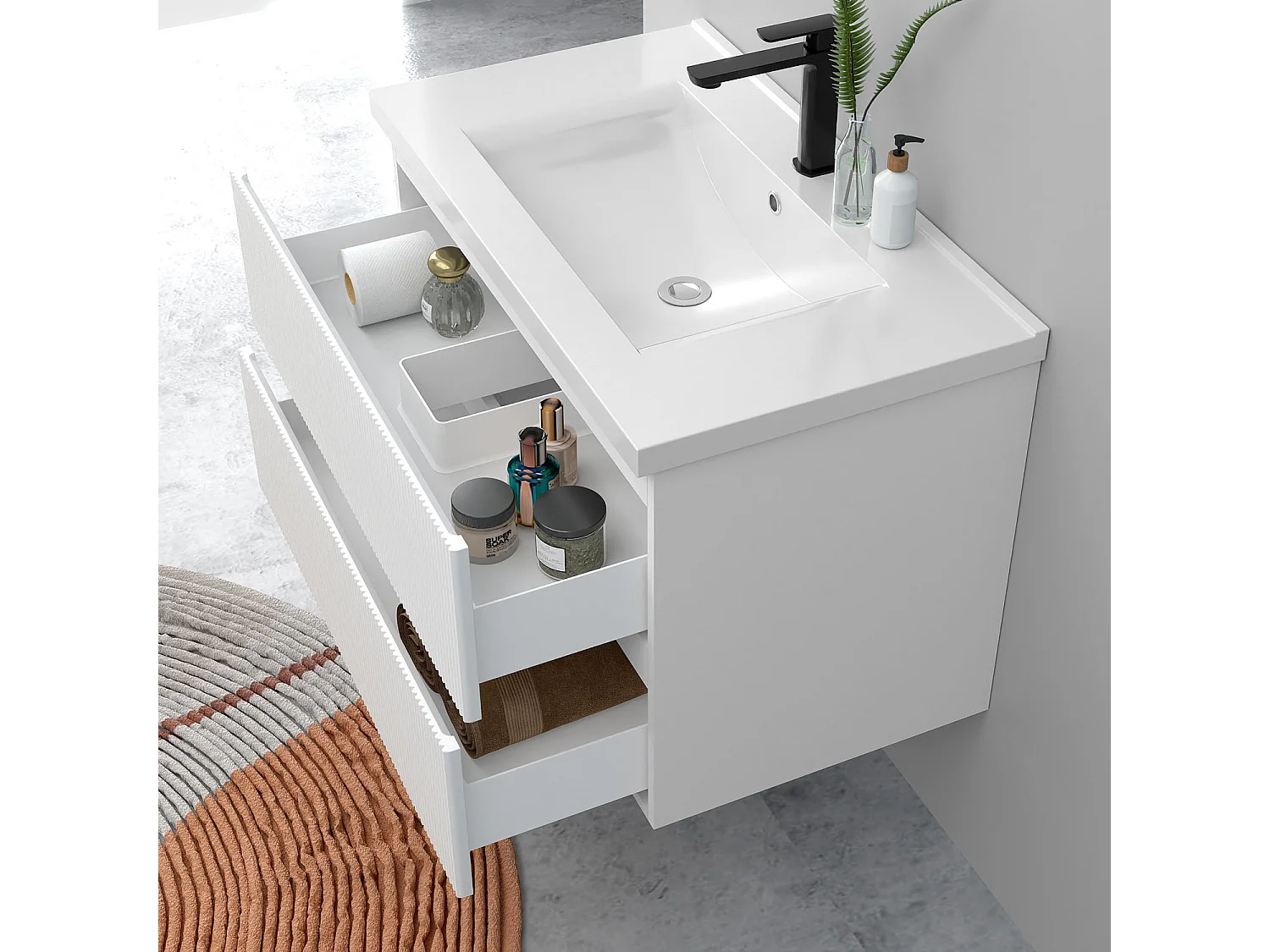 Meuble de salle de bain suspendu Strié 80cm avec simple vasque + 2 tiroirs, Blanc