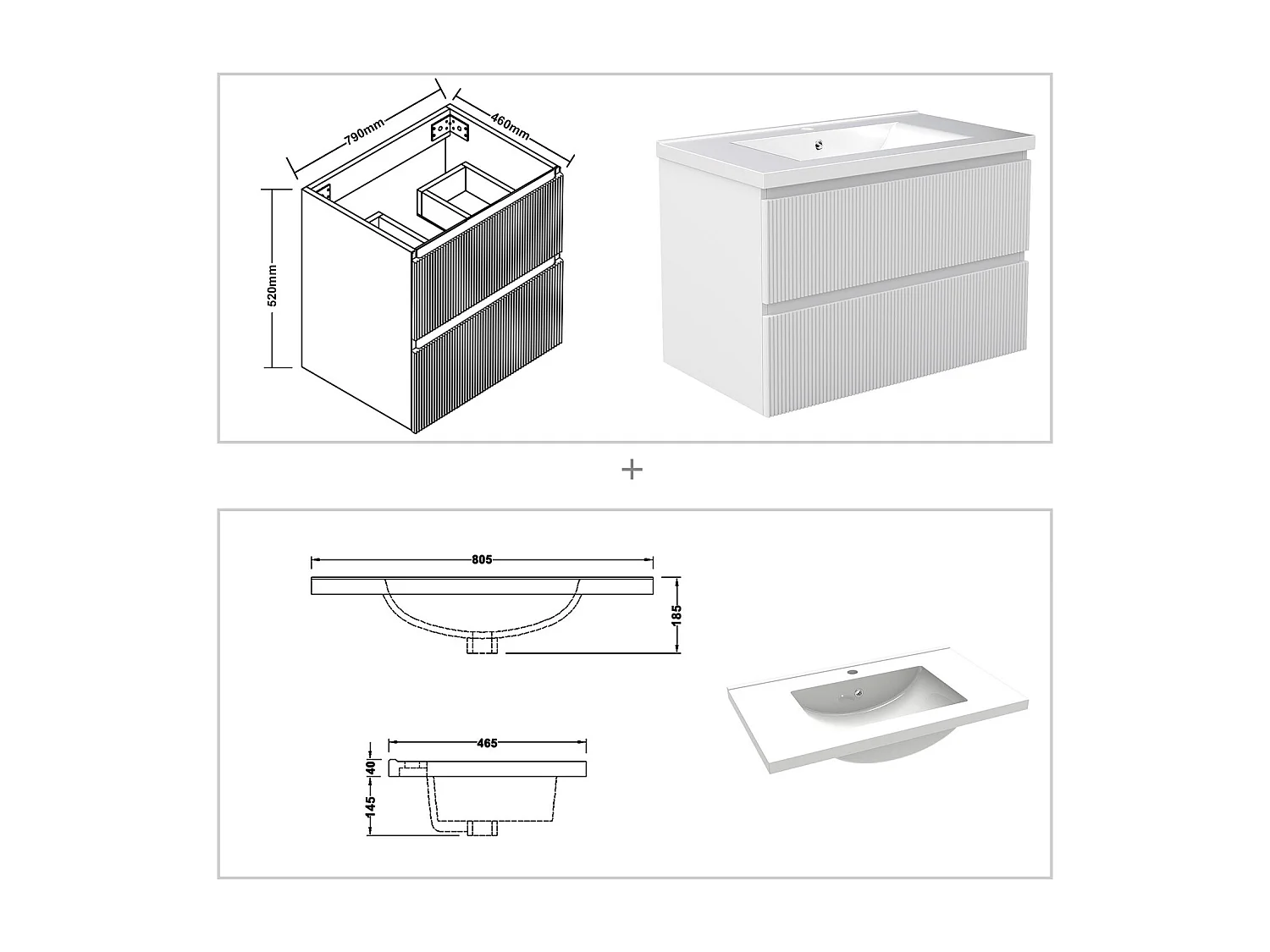Meuble de salle de bain suspendu Strié 80cm avec simple vasque + 2 tiroirs, Blanc