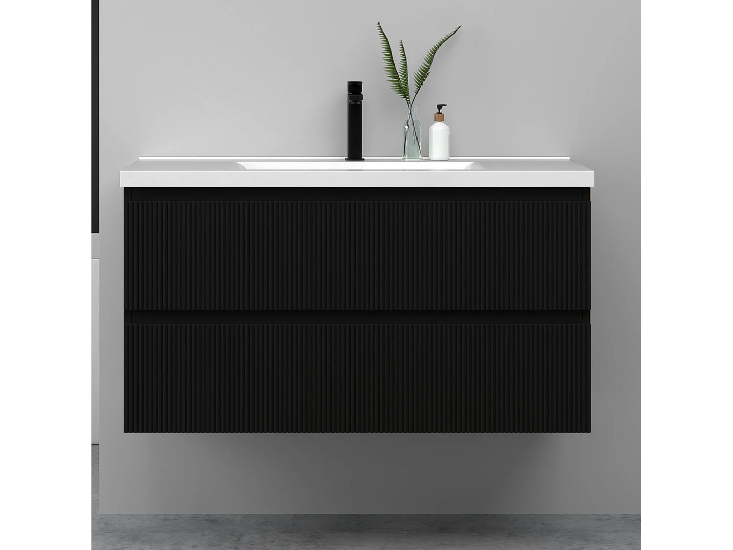 Meuble de salle de bain suspendu Strié 100cm avec simple vasque + 2 tiroirs, Noir