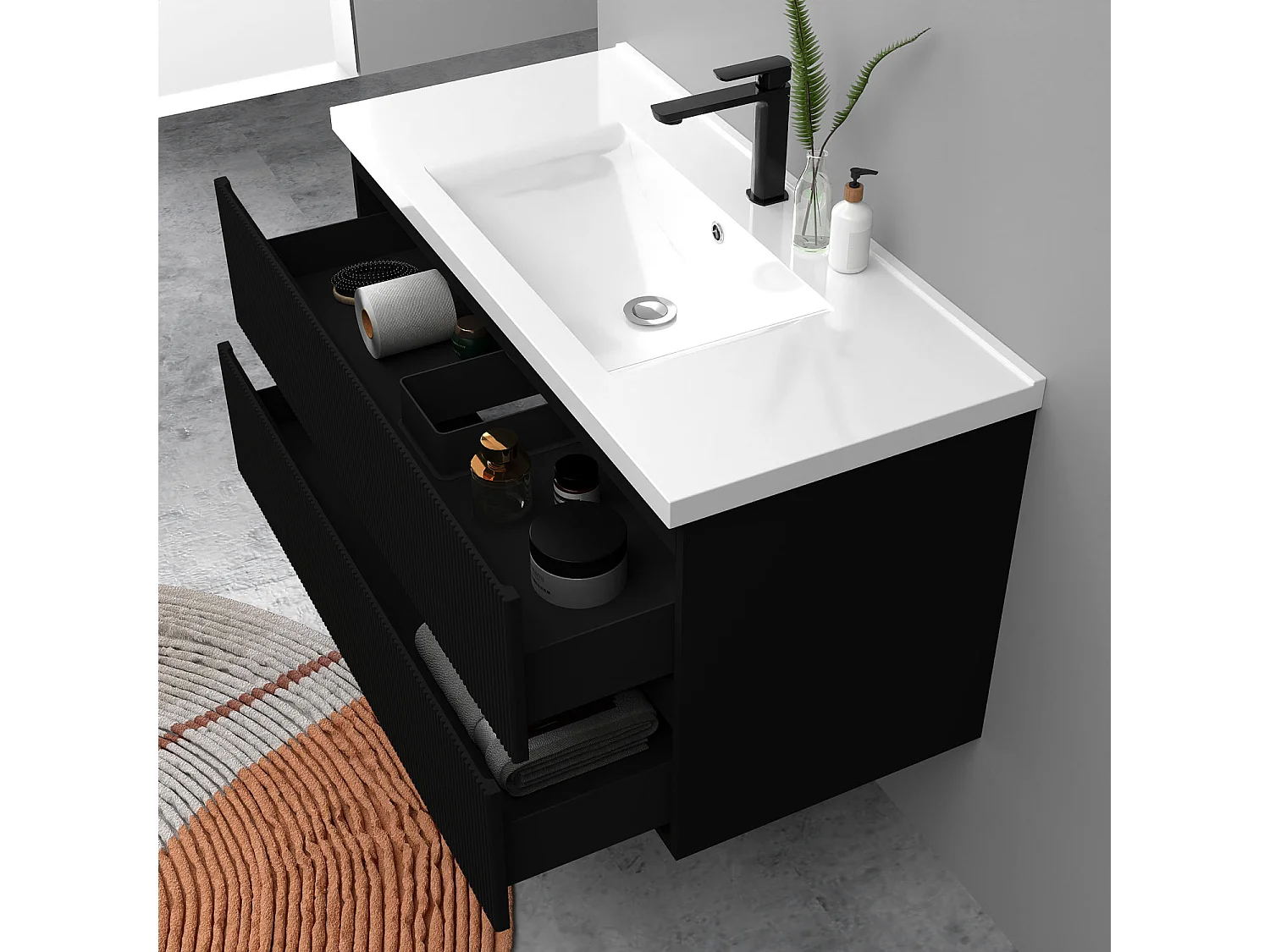 Meuble de salle de bain suspendu Strié 100cm avec simple vasque + 2 tiroirs, Noir
