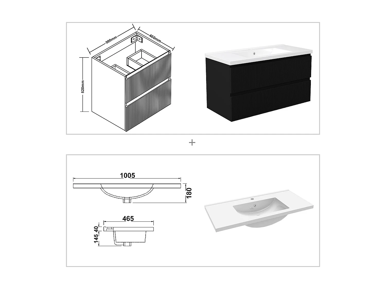 Meuble de salle de bain suspendu Strié 100cm avec simple vasque + 2 tiroirs, Noir