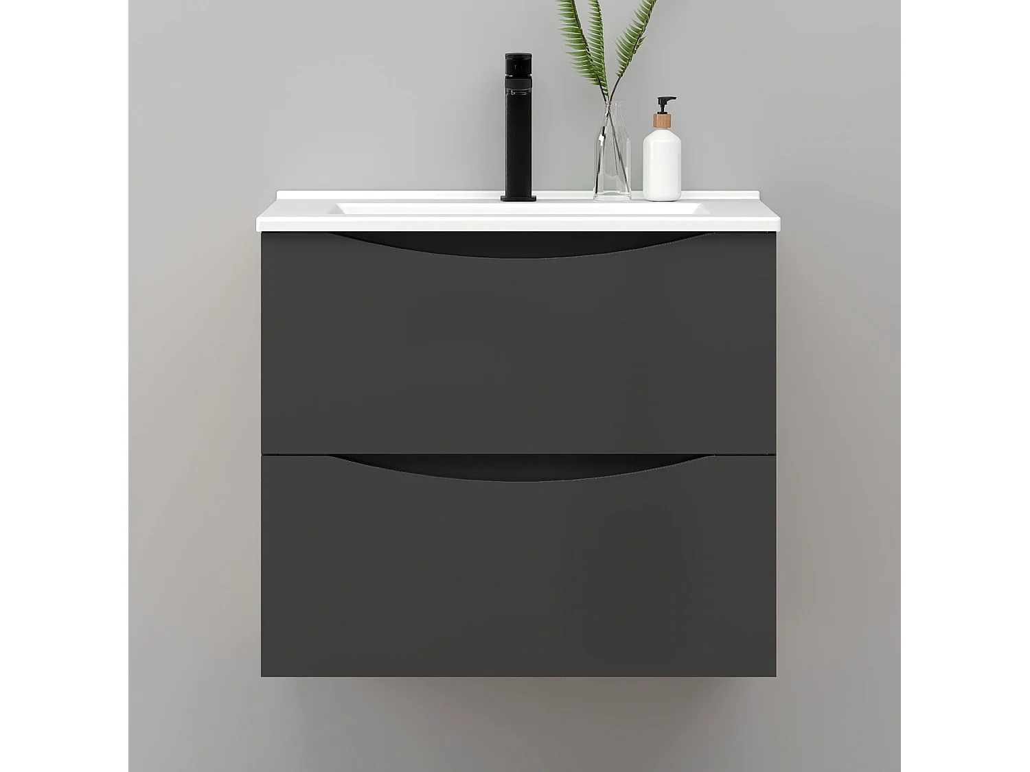 Meuble de salle de bain suspendu 60cm avec simple vasque + 2 tiroirs, Anthracite