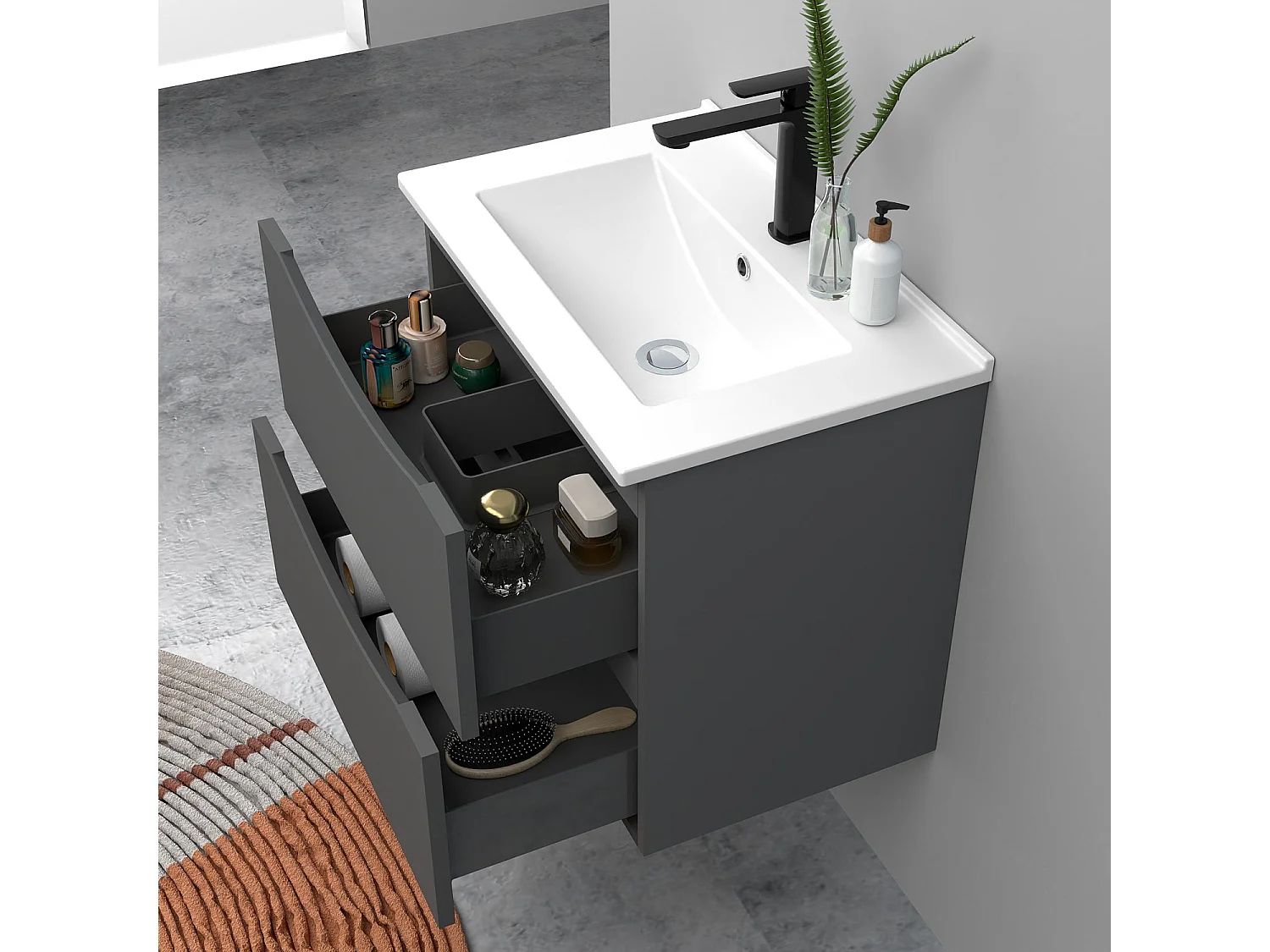 Meuble de salle de bain suspendu 60cm avec simple vasque + 2 tiroirs, Anthracite