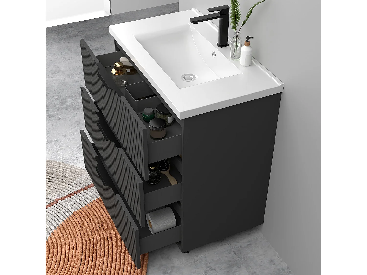 Meuble de salle de bain suspendu Strié 80cm avec poignées + simple vasque + 3 tiroirs, Anthracite