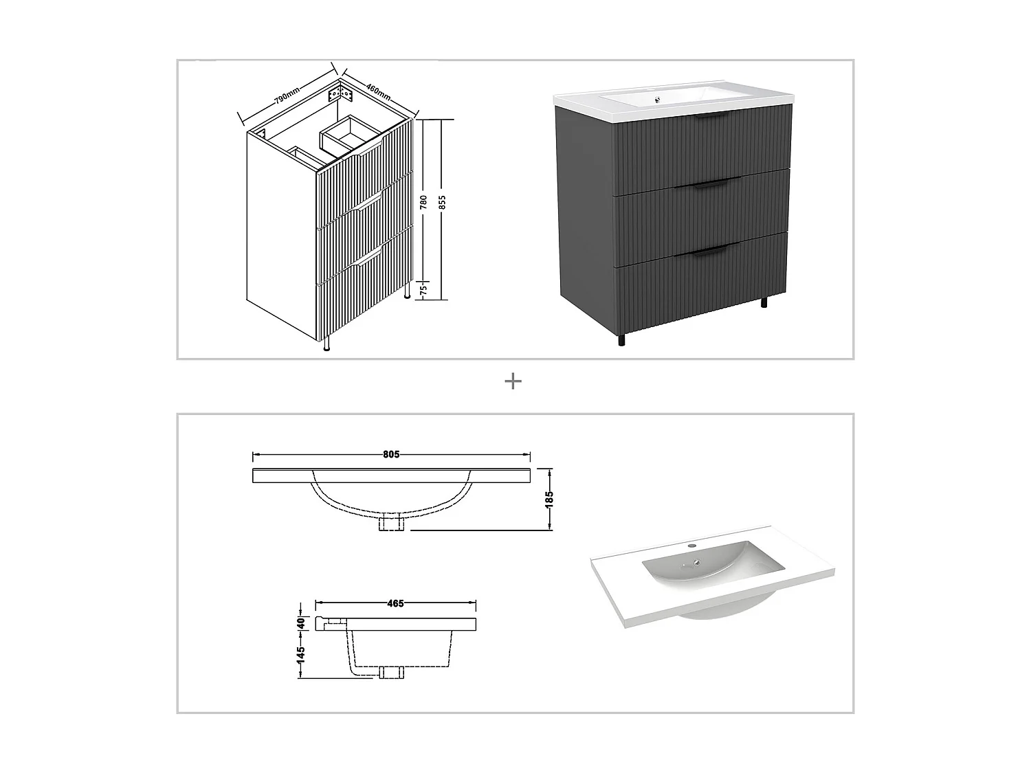 Meuble de salle de bain suspendu Strié 80cm avec poignées + simple vasque + 3 tiroirs, Anthracite