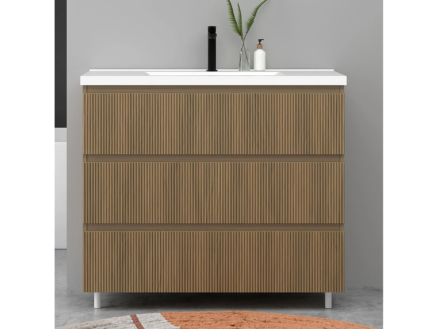 Meuble de salle de bain suspendu Strié 100cm avec simple vasque + 3 tiroirs, Noyer