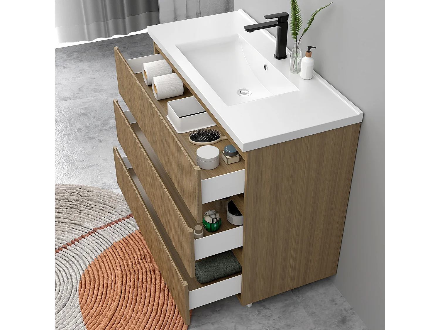 Meuble de salle de bain suspendu Strié 100cm avec simple vasque + 3 tiroirs, Noyer