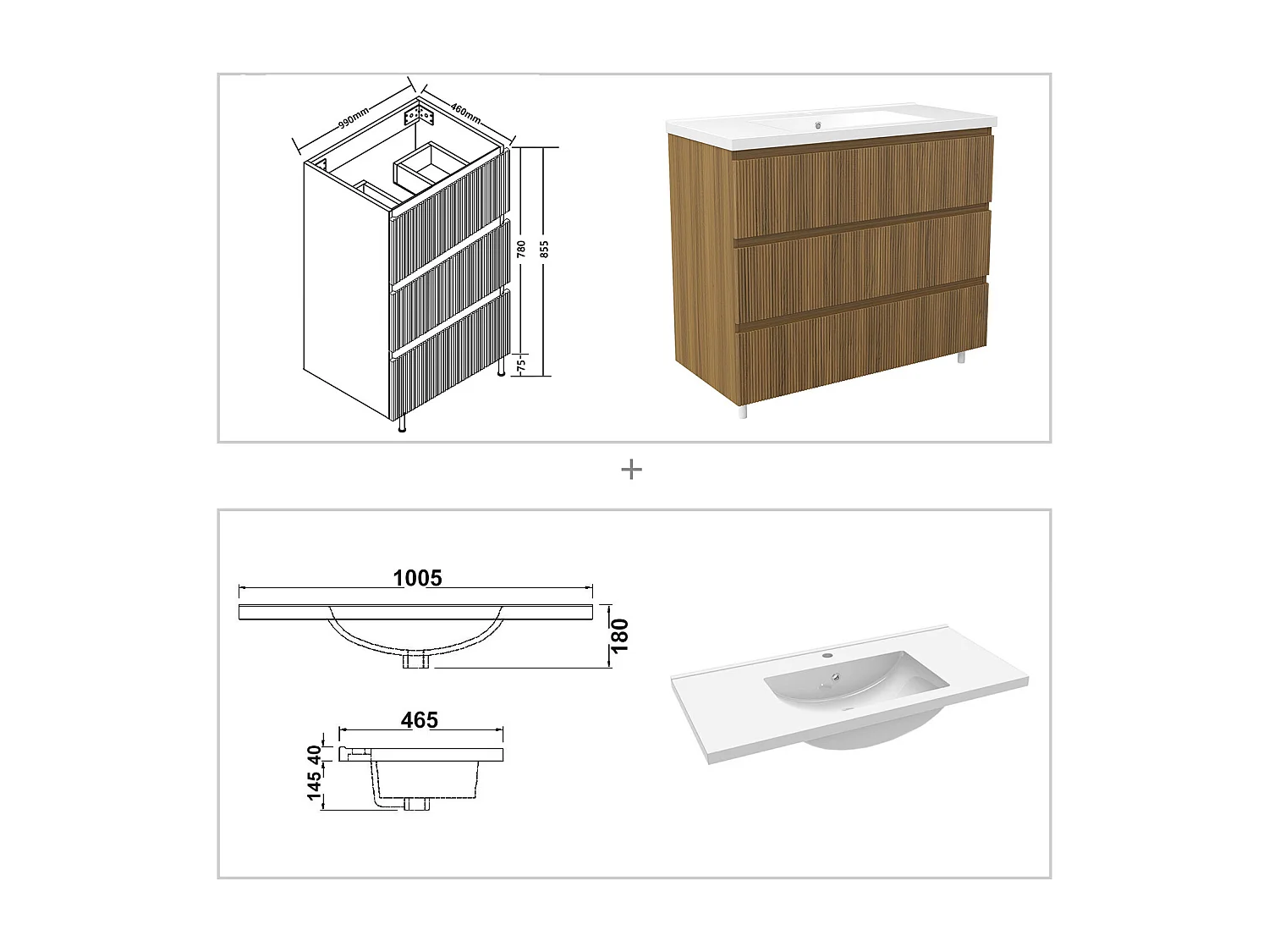 Meuble de salle de bain suspendu Strié 100cm avec simple vasque + 3 tiroirs, Noyer
