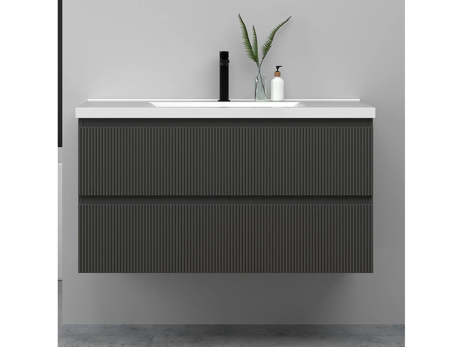 Meuble de salle de bain suspendu Strié 100cm avec simple vasque + 2 tiroirs, Anthracite