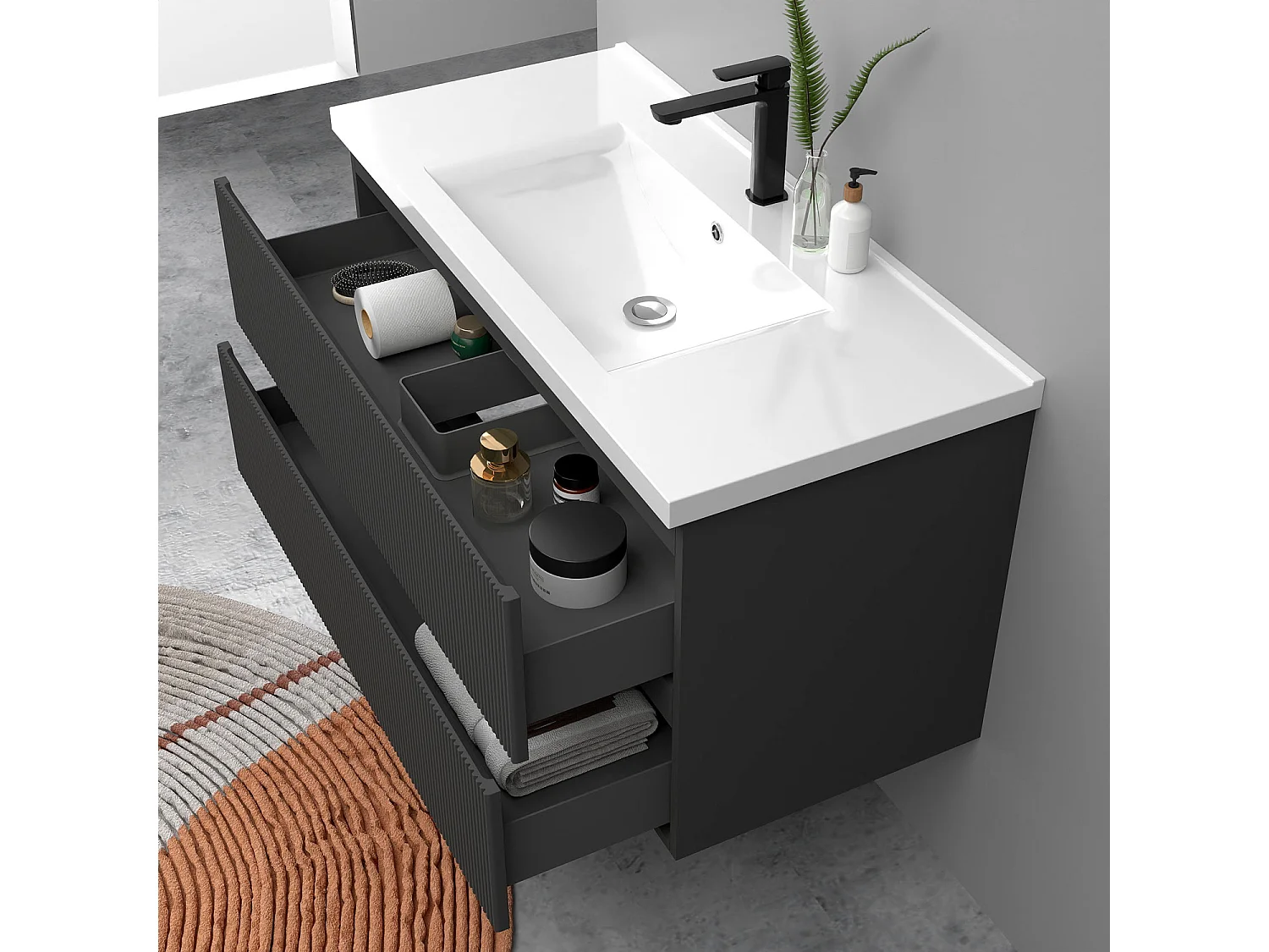 Meuble de salle de bain suspendu Strié 100cm avec simple vasque + 2 tiroirs, Anthracite