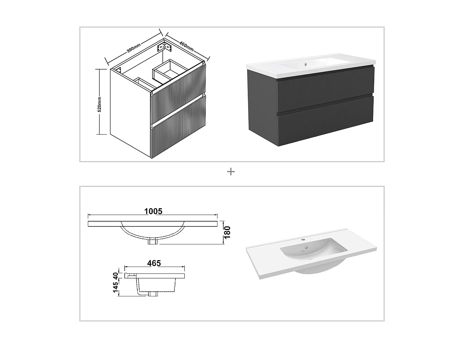 Meuble de salle de bain suspendu Strié 100cm avec simple vasque + 2 tiroirs, Anthracite