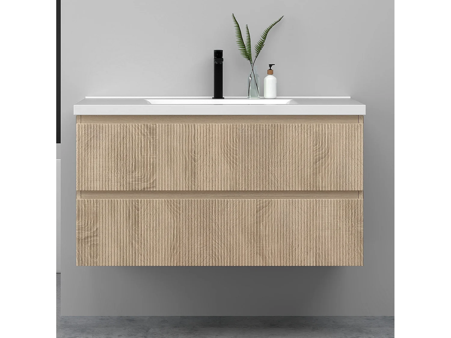 Meuble de salle de bain suspendu Strié 100cm avec simple vasque + 2 tiroirs, Chêne