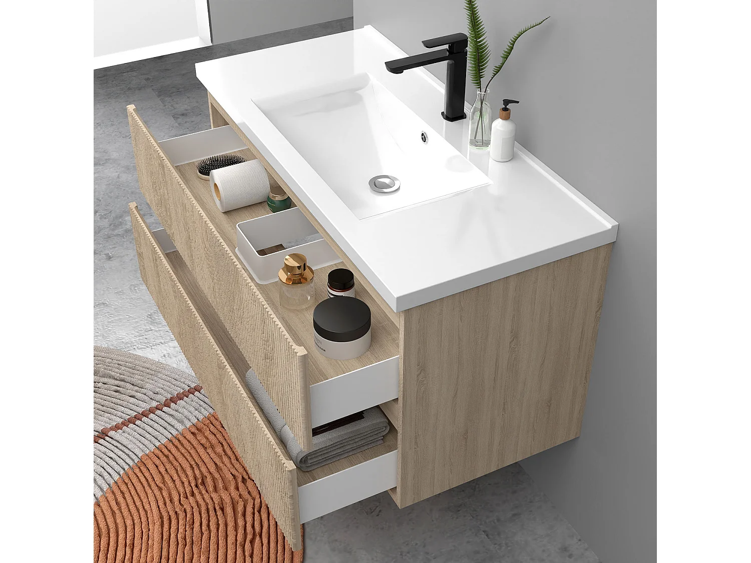 Meuble de salle de bain suspendu Strié 100cm avec simple vasque + 2 tiroirs, Chêne