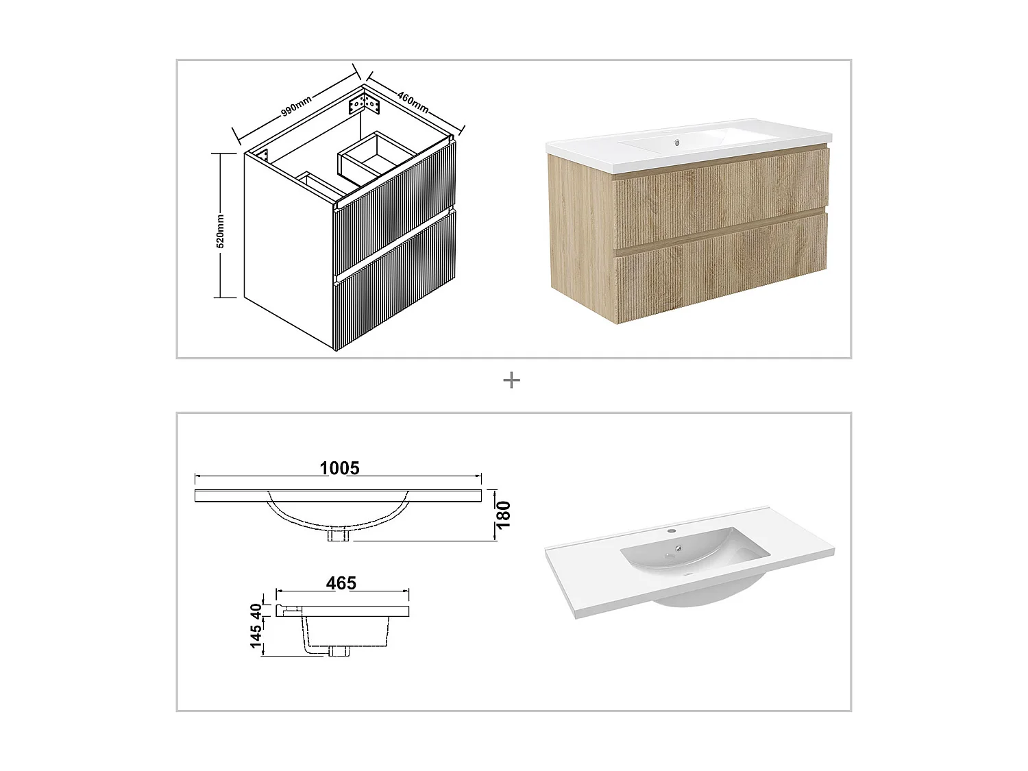 Meuble de salle de bain suspendu Strié 100cm avec simple vasque + 2 tiroirs, Chêne