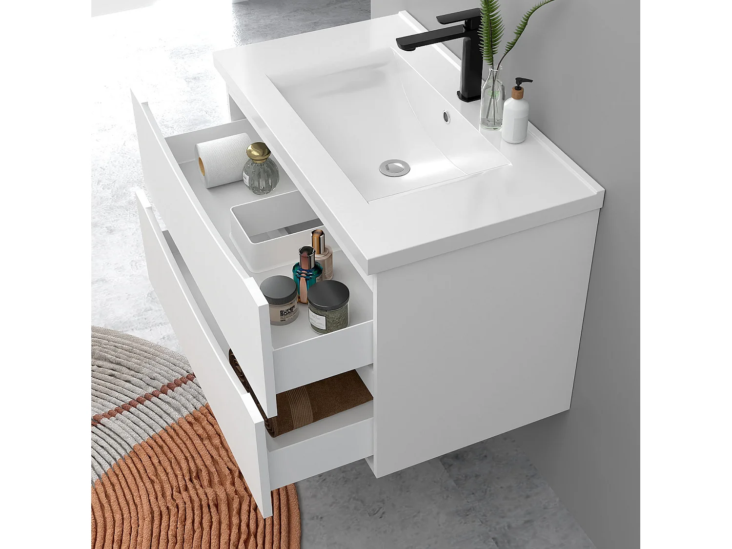 Meuble de salle de bain suspendu 80cm avec simple vasque + 2 tiroirs, Blanc