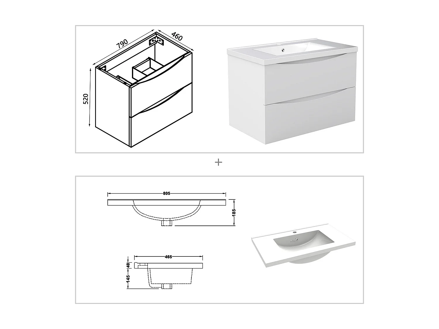 Meuble de salle de bain suspendu 80cm avec simple vasque + 2 tiroirs, Blanc