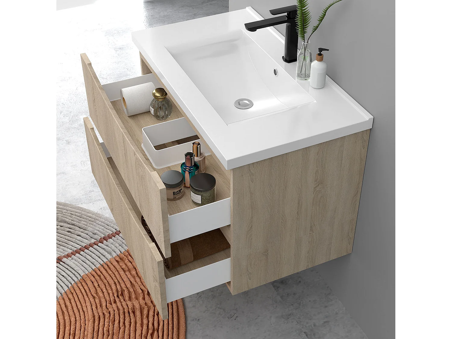 Meuble de salle de bain suspendu 80cm avec simple vasque + 2 tiroirs, Chêne