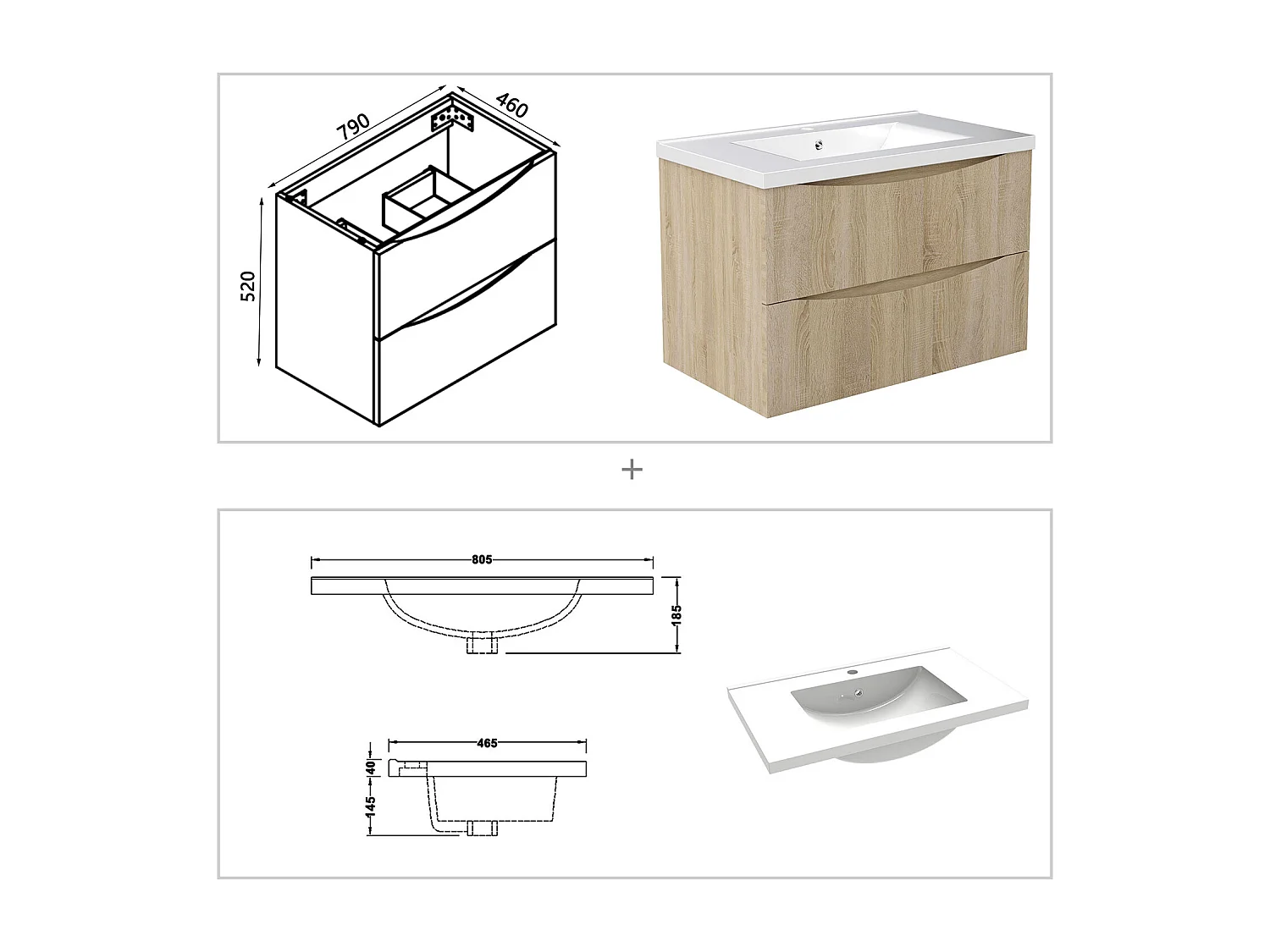 Meuble de salle de bain suspendu 80cm avec simple vasque + 2 tiroirs, Chêne
