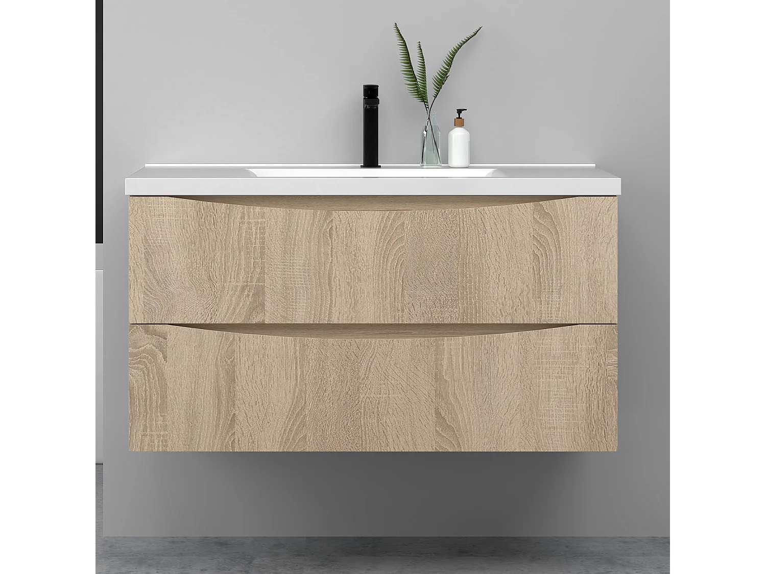 Meuble de salle de bain suspendu 100cm avec simple vasque + 2 tiroirs, Chêne