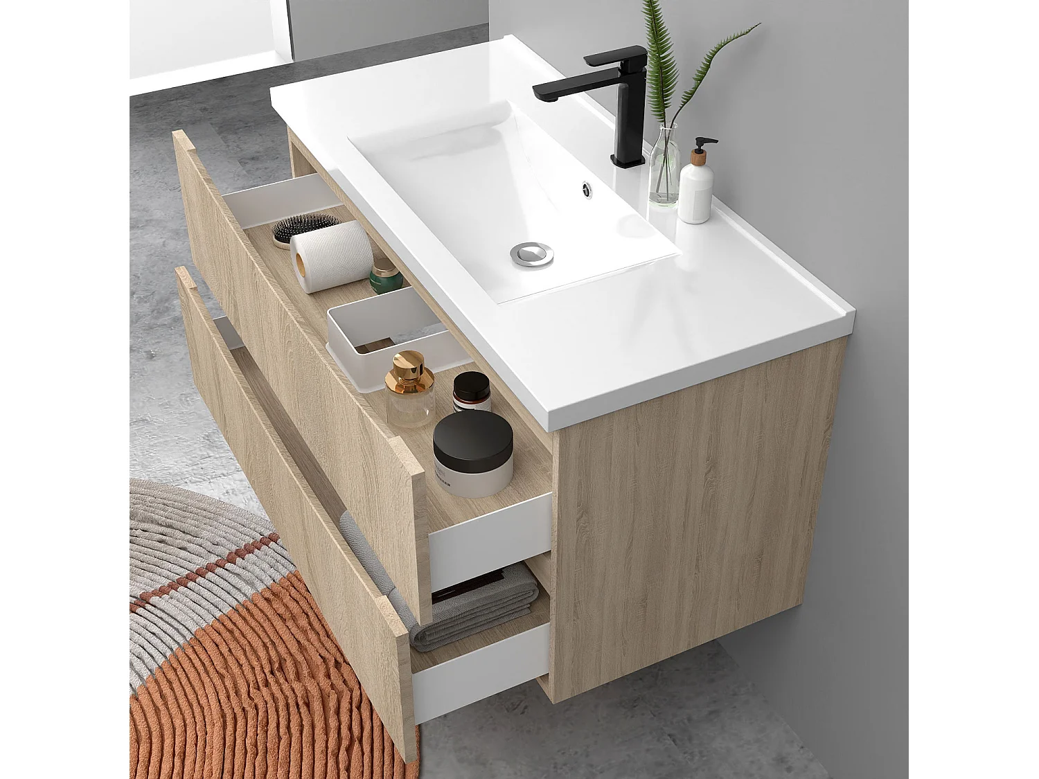 Meuble de salle de bain suspendu 100cm avec simple vasque + 2 tiroirs, Chêne
