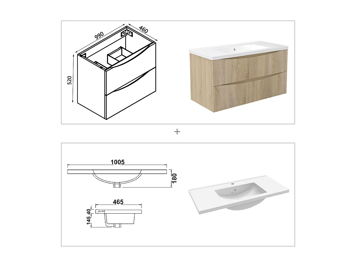 Meuble de salle de bain suspendu 100cm avec simple vasque + 2 tiroirs, Chêne