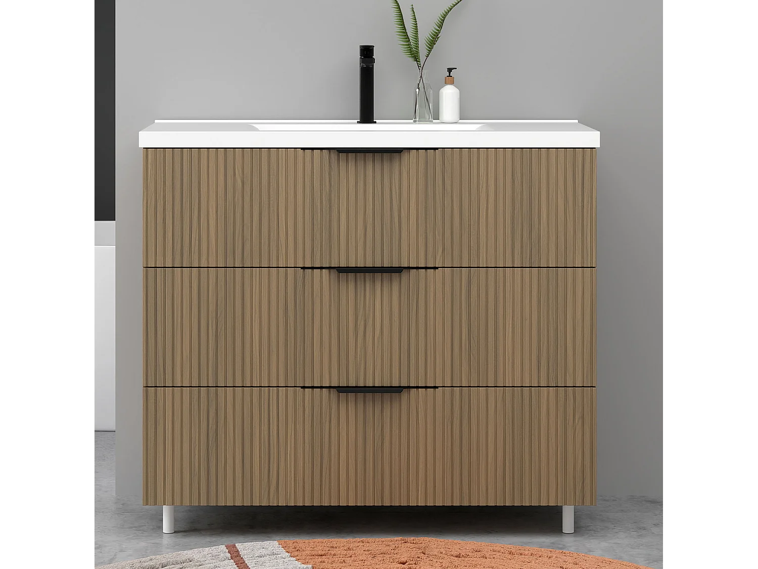 Meuble de salle de bain suspendu Strié 100cm avec poignées + simple vasque + 3 tiroirs, Noyer