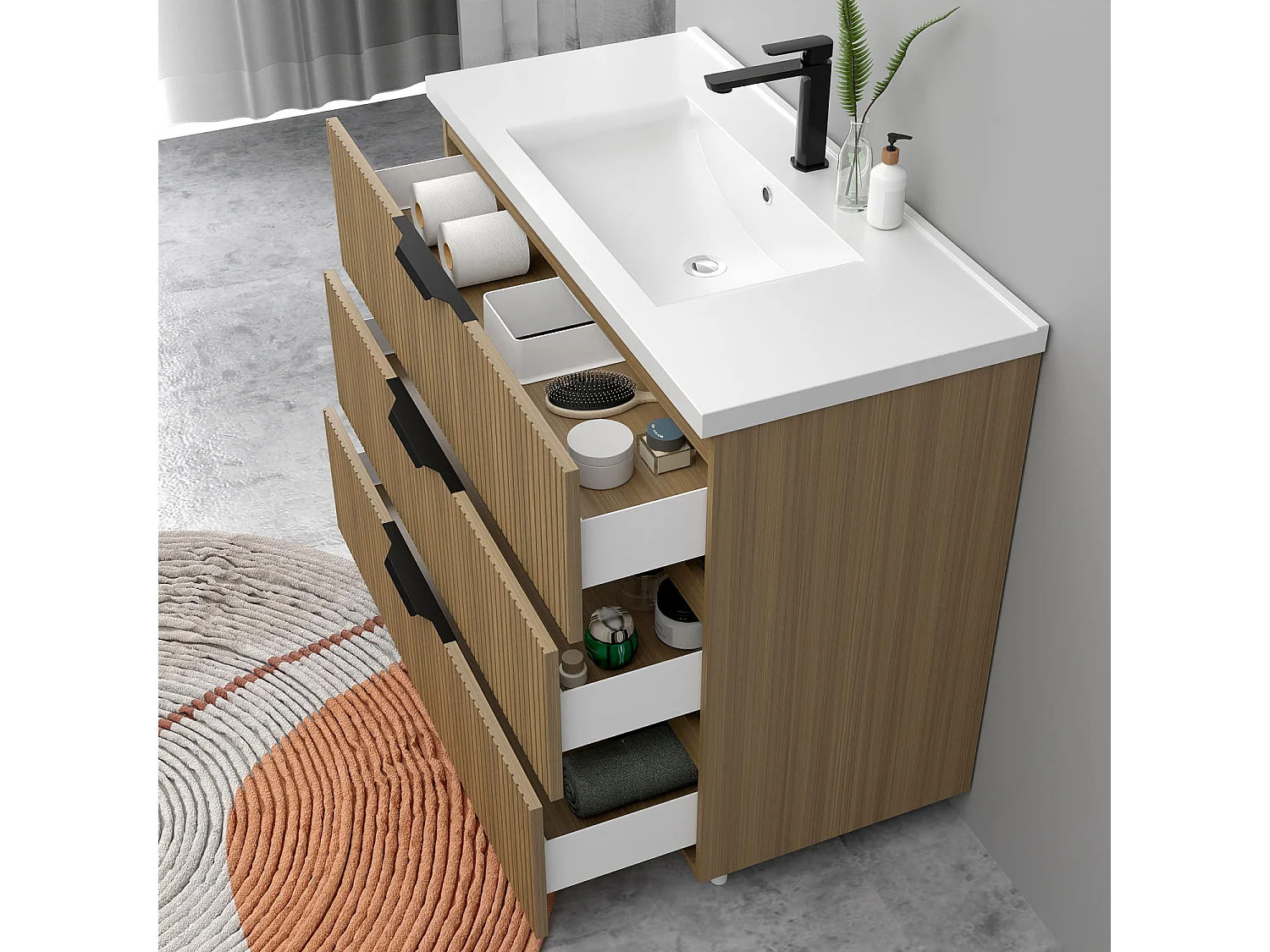 Meuble de salle de bain suspendu Strié 100cm avec poignées + simple vasque + 3 tiroirs, Noyer