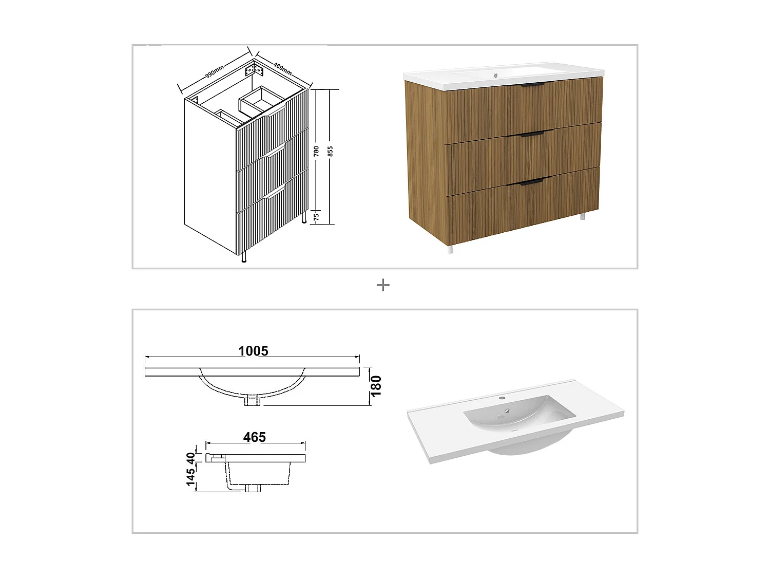 Meuble de salle de bain suspendu Strié 100cm avec poignées + simple vasque + 3 tiroirs, Noyer