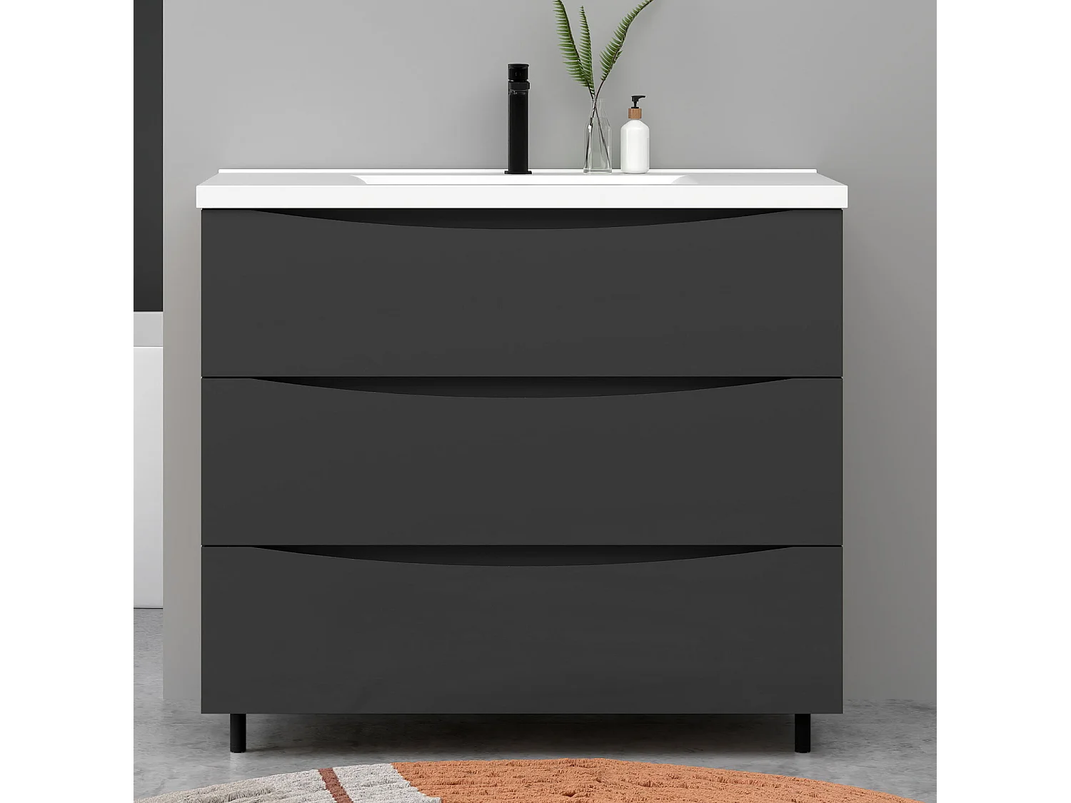 Meuble de salle de bain suspendu 100cm avec simple vasque + 3 tiroirs, Anthracite