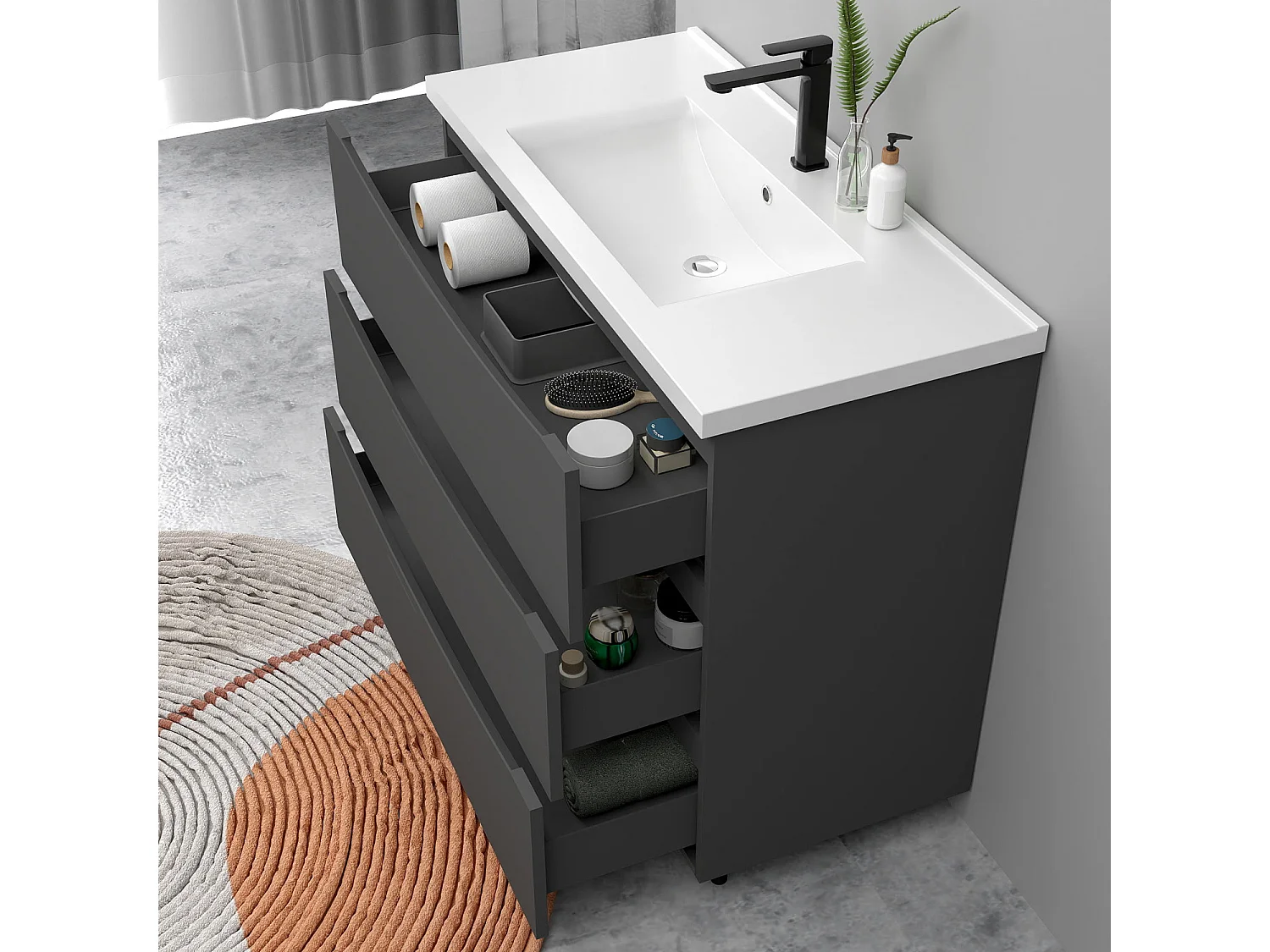 Meuble de salle de bain suspendu 100cm avec simple vasque + 3 tiroirs, Anthracite