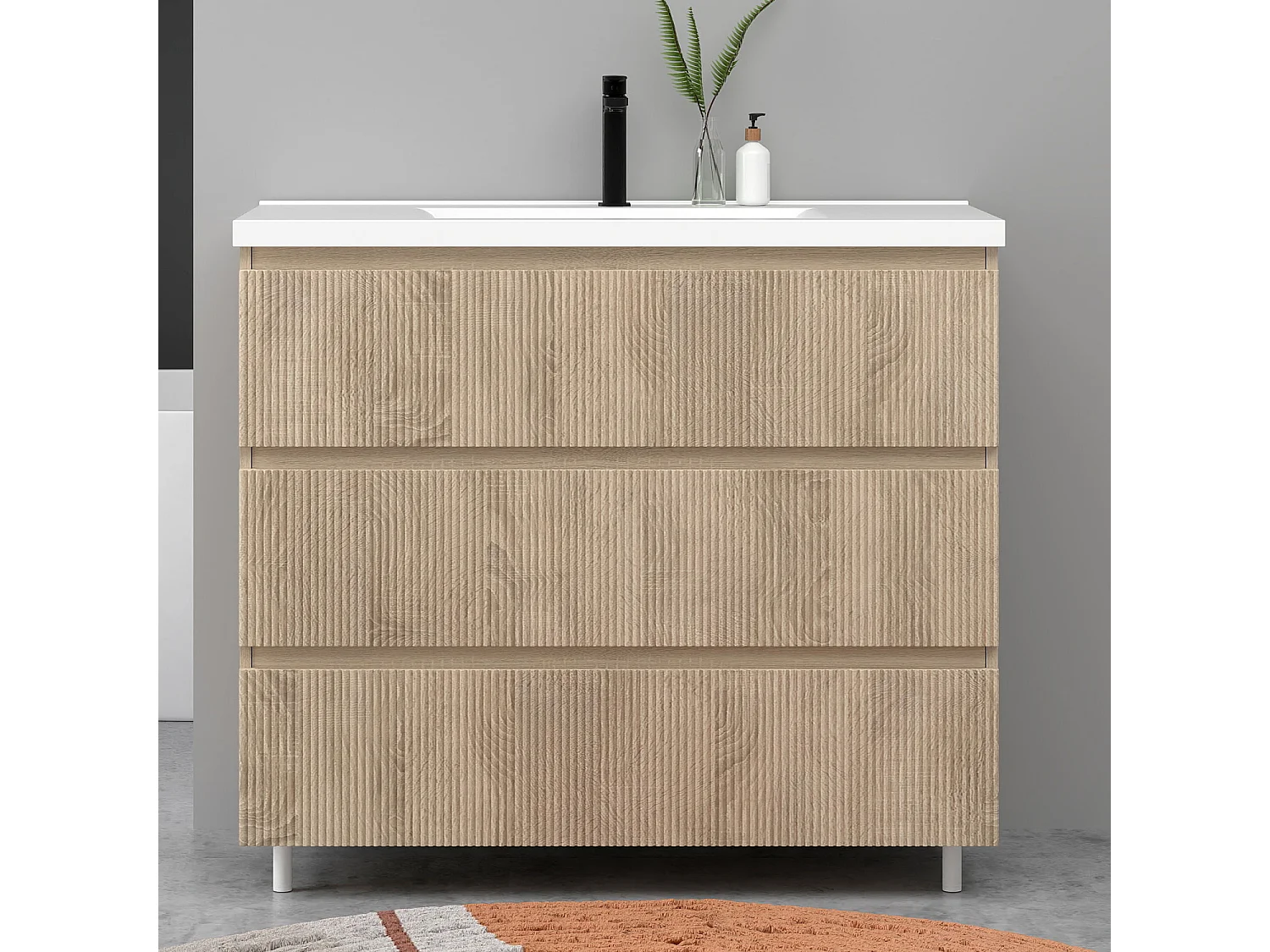 Meuble de salle de bain suspendu Strié 100cm avec simple vasque + 3 tiroirs, Chêne