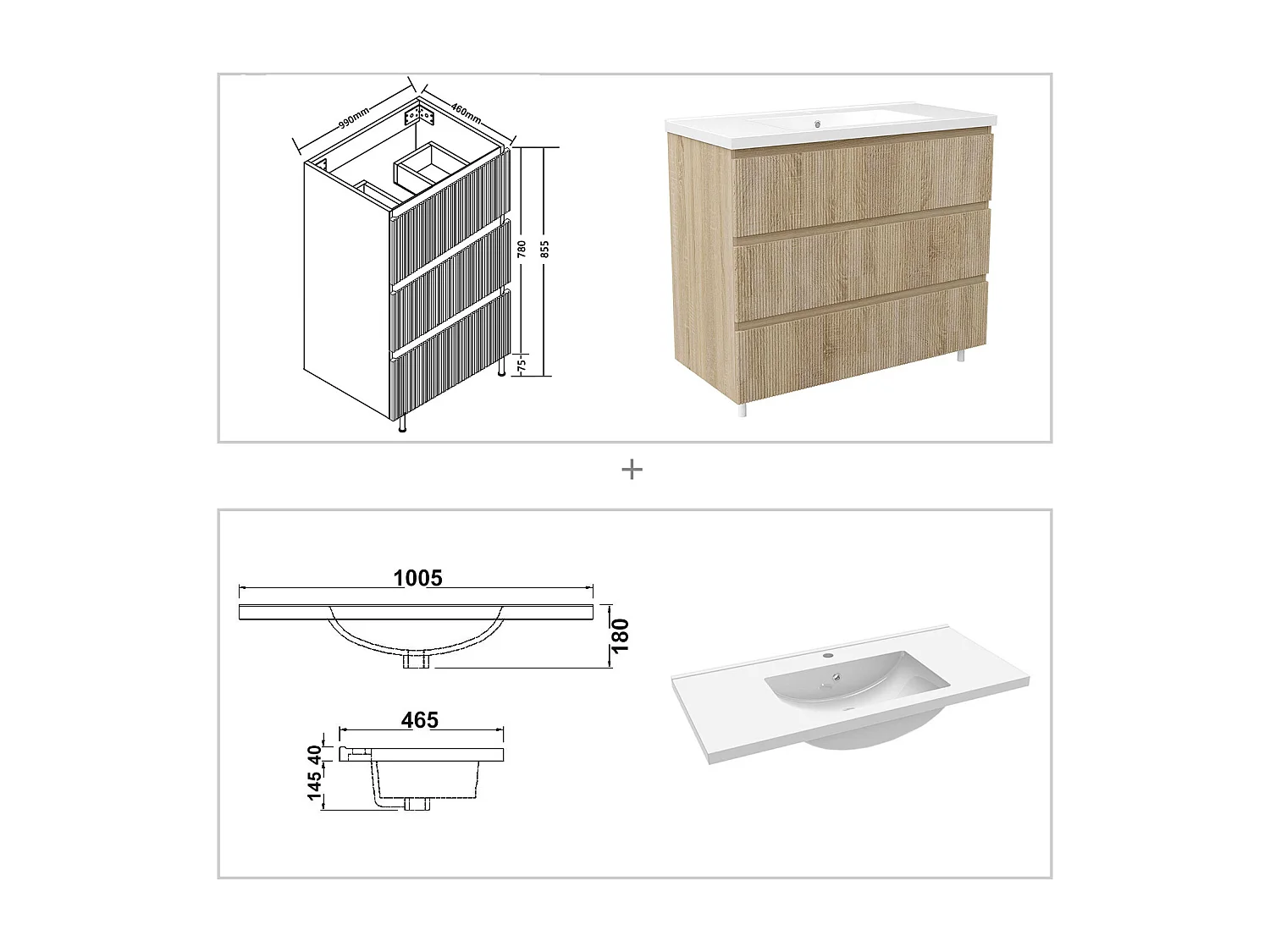 Meuble de salle de bain suspendu Strié 100cm avec simple vasque + 3 tiroirs, Chêne