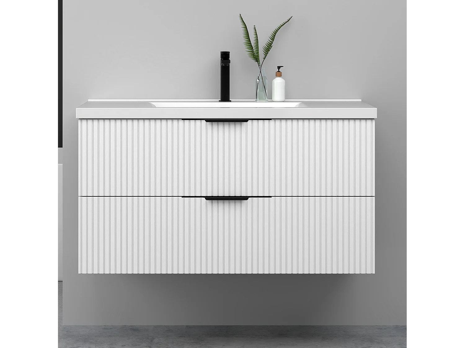 Meuble de salle de bain suspendu Strié 100cm avec poignées + simple vasque + 2 tiroirs, Blanc