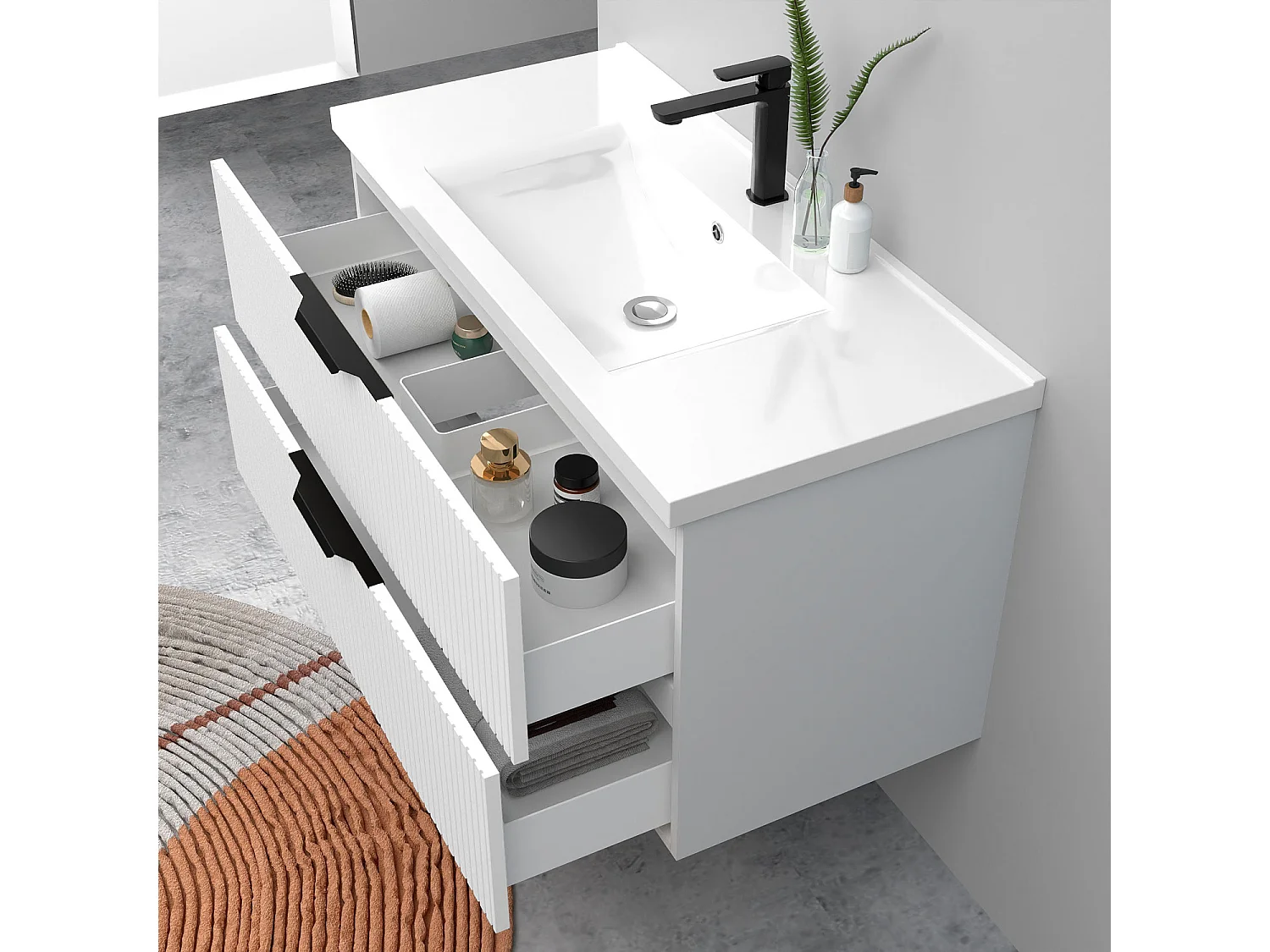 Meuble de salle de bain suspendu Strié 100cm avec poignées + simple vasque + 2 tiroirs, Blanc
