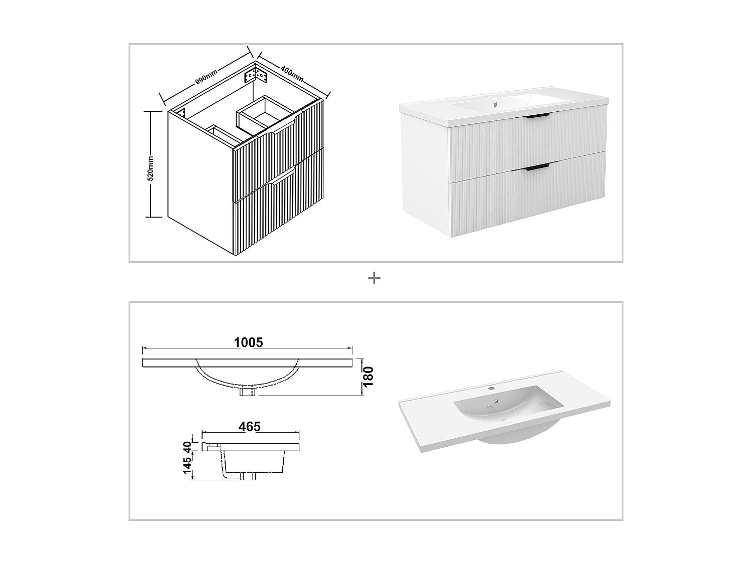 Meuble de salle de bain suspendu Strié 100cm avec poignées + simple vasque + 2 tiroirs, Blanc
