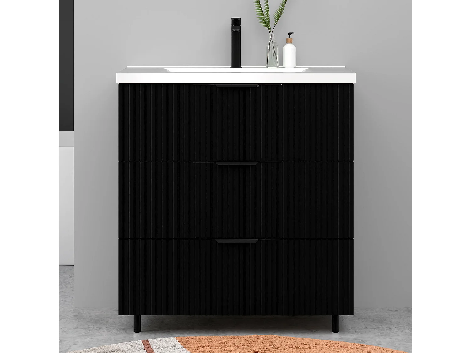 Meuble de salle de bain suspendu Strié 80cm avec poignées + simple vasque + 3 tiroirs, Noir