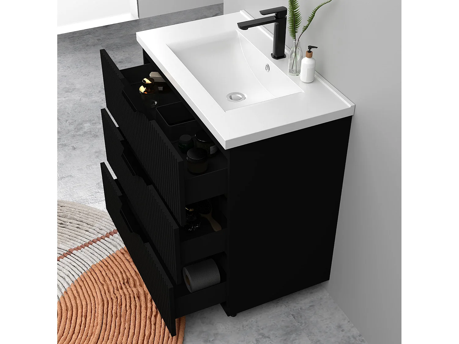 Meuble de salle de bain suspendu Strié 80cm avec poignées + simple vasque + 3 tiroirs, Noir