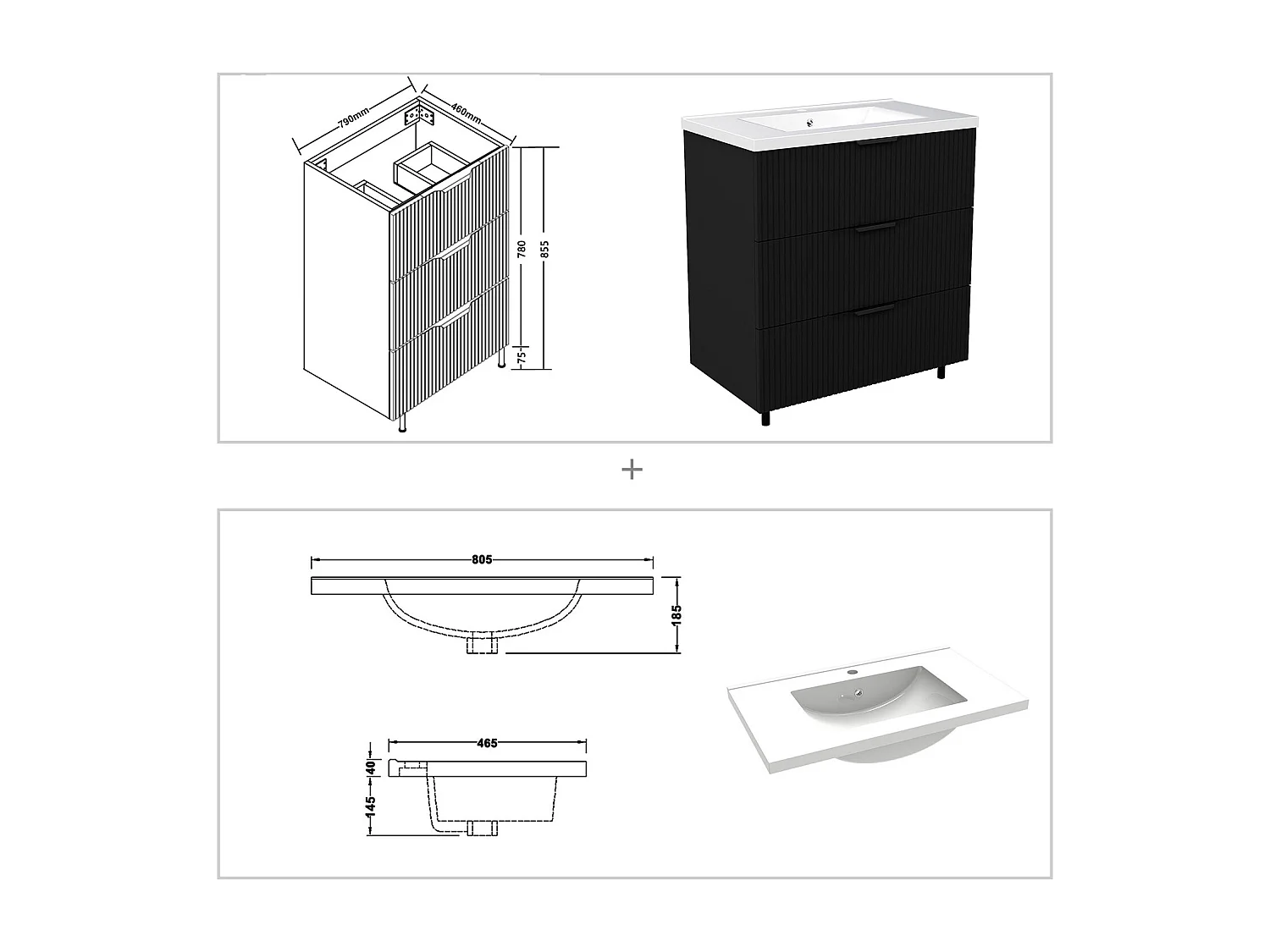 Meuble de salle de bain suspendu Strié 80cm avec poignées + simple vasque + 3 tiroirs, Noir