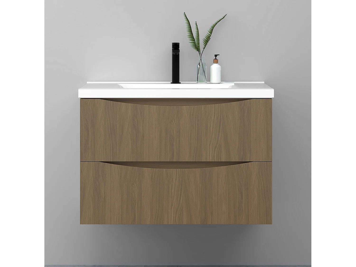 Meuble de salle de bain suspendu 80cm avec simple vasque + 2 tiroirs, Noyer