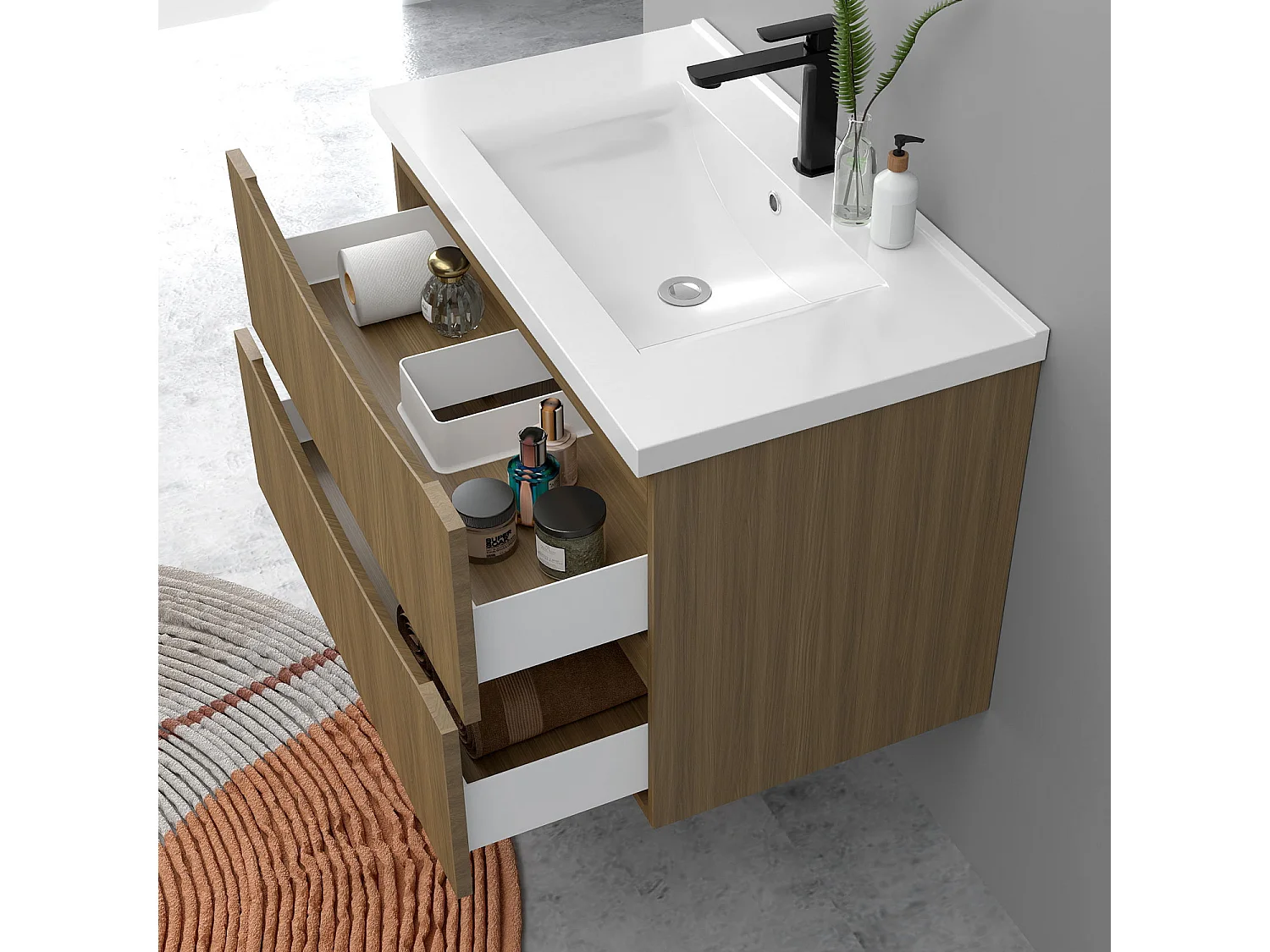 Meuble de salle de bain suspendu 80cm avec simple vasque + 2 tiroirs, Noyer