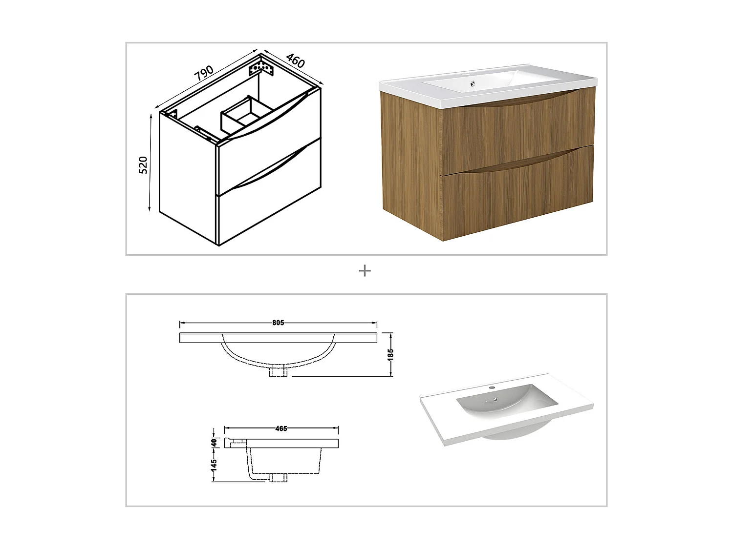 Meuble de salle de bain suspendu 80cm avec simple vasque + 2 tiroirs, Noyer