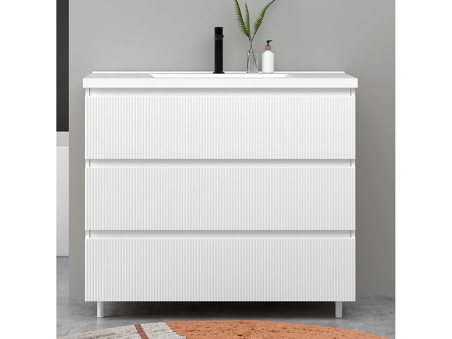 Meuble de salle de bain suspendu Strié 100cm avec simple vasque + 3 tiroirs, Blanc