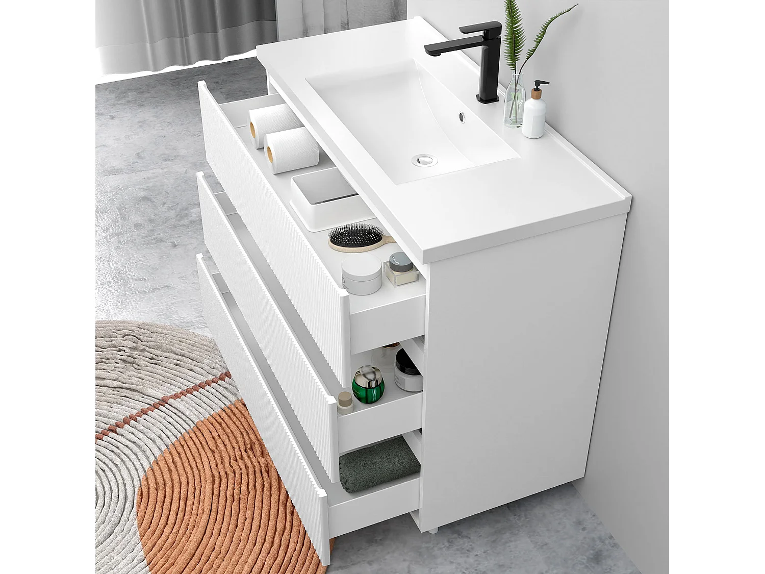 Meuble de salle de bain suspendu Strié 100cm avec simple vasque + 3 tiroirs, Blanc