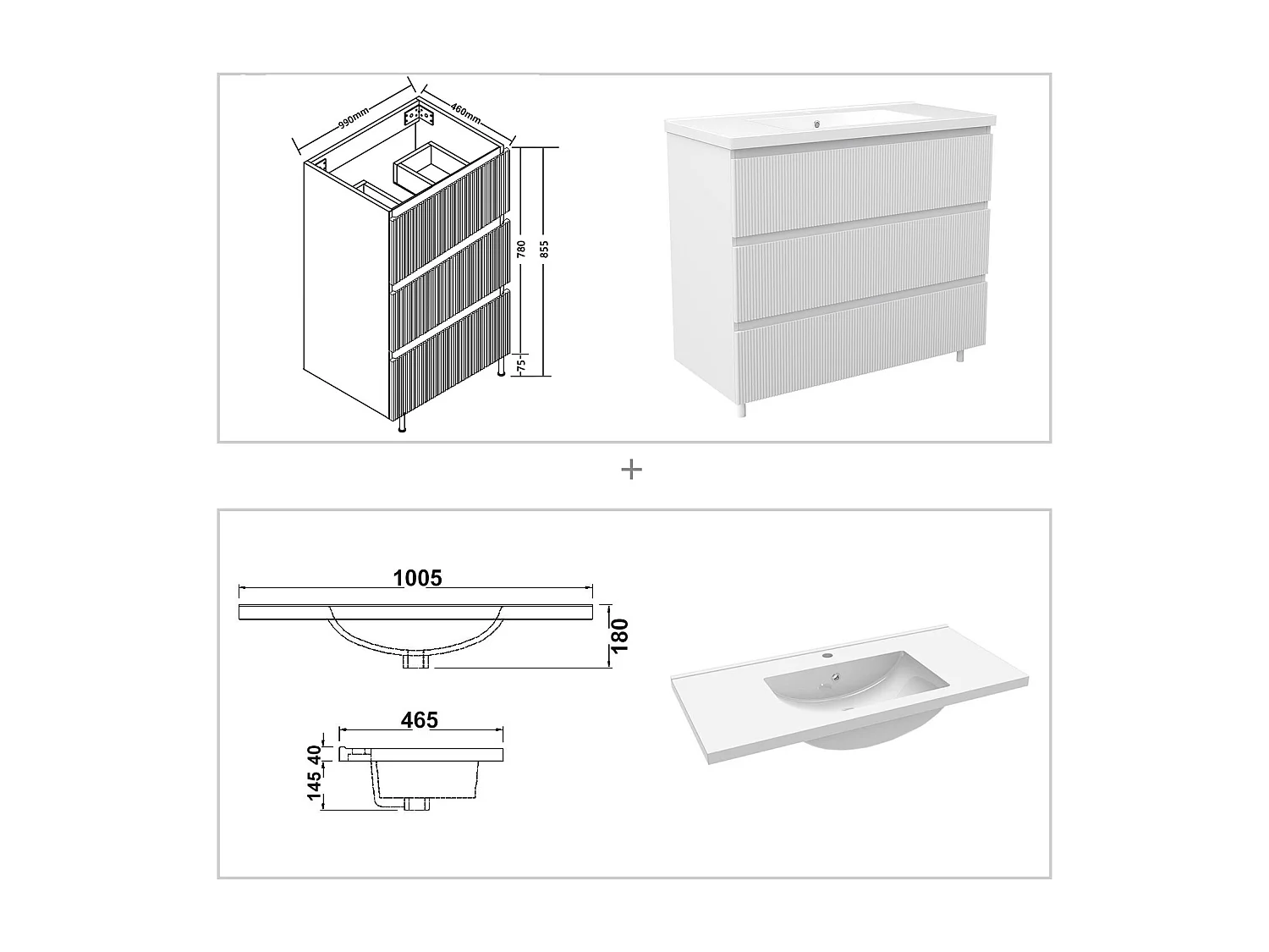 Meuble de salle de bain suspendu Strié 100cm avec simple vasque + 3 tiroirs, Blanc