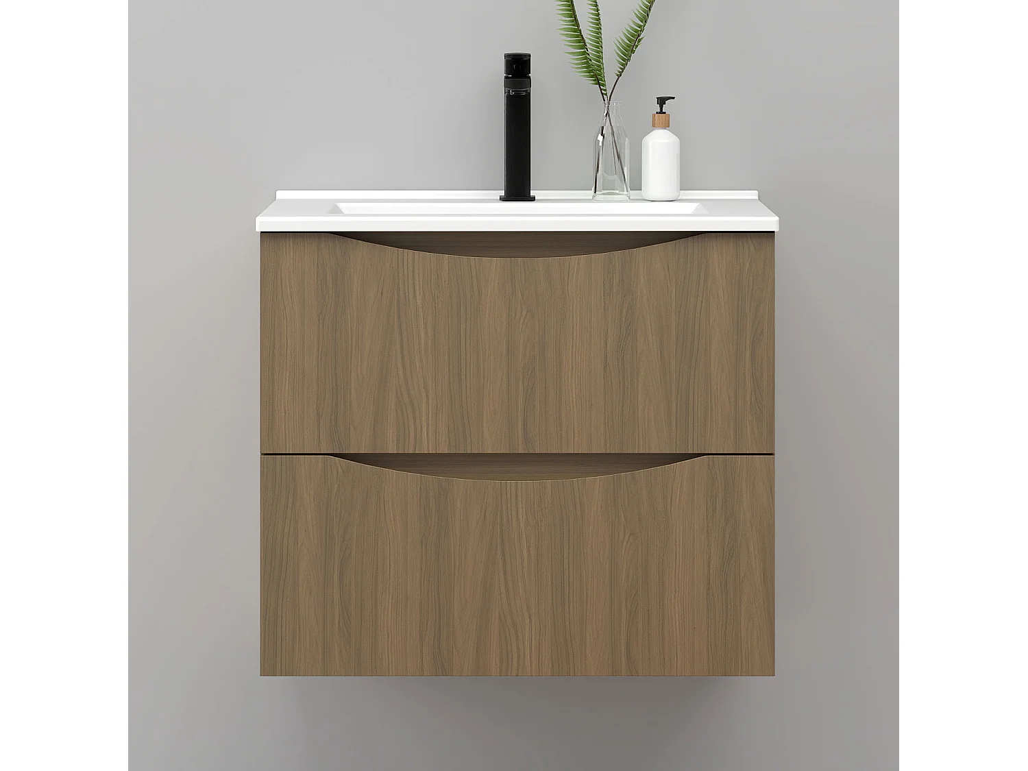 Meuble de salle de bain suspendu 60cm avec simple vasque + 2 tiroirs, Noyer