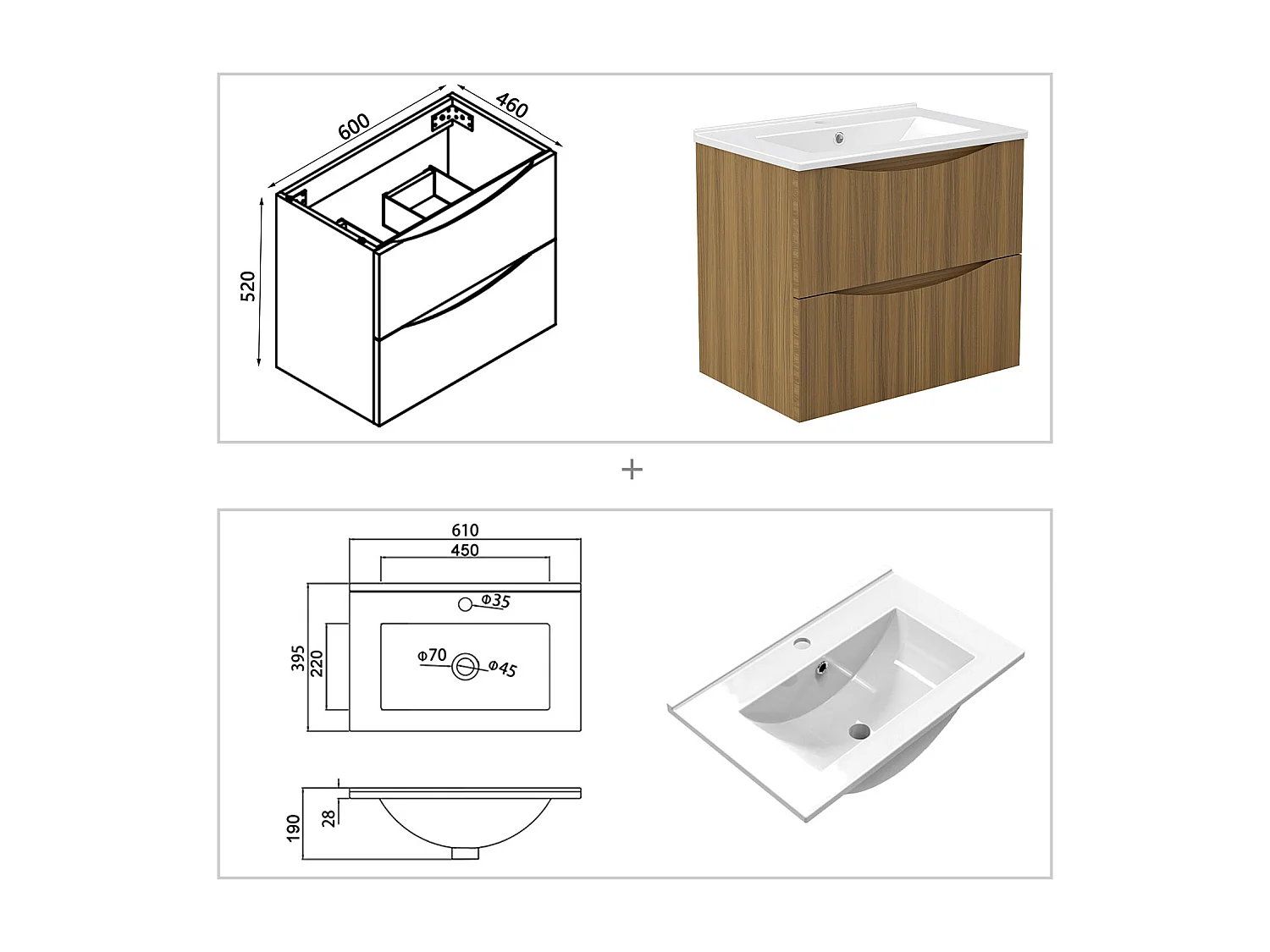 Meuble de salle de bain suspendu 60cm avec simple vasque + 2 tiroirs, Noyer