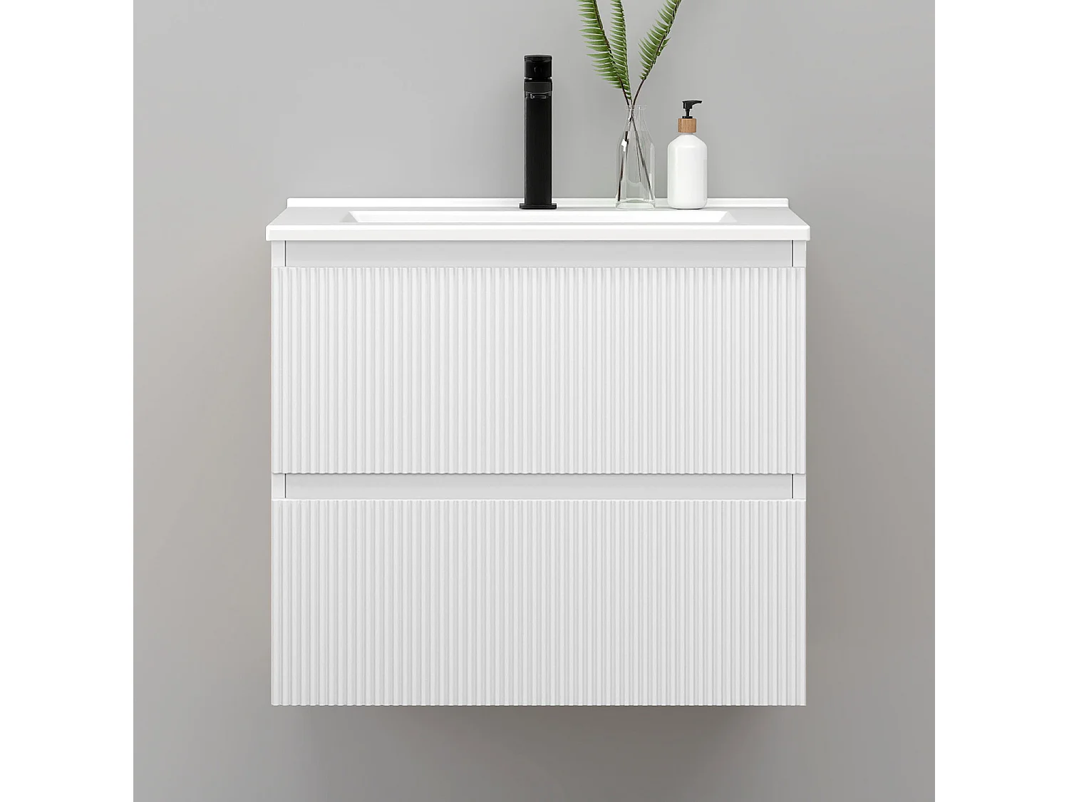 Meuble de salle de bain suspendu Strié 60cm avec simple vasque + 2 tiroirs, Blanc