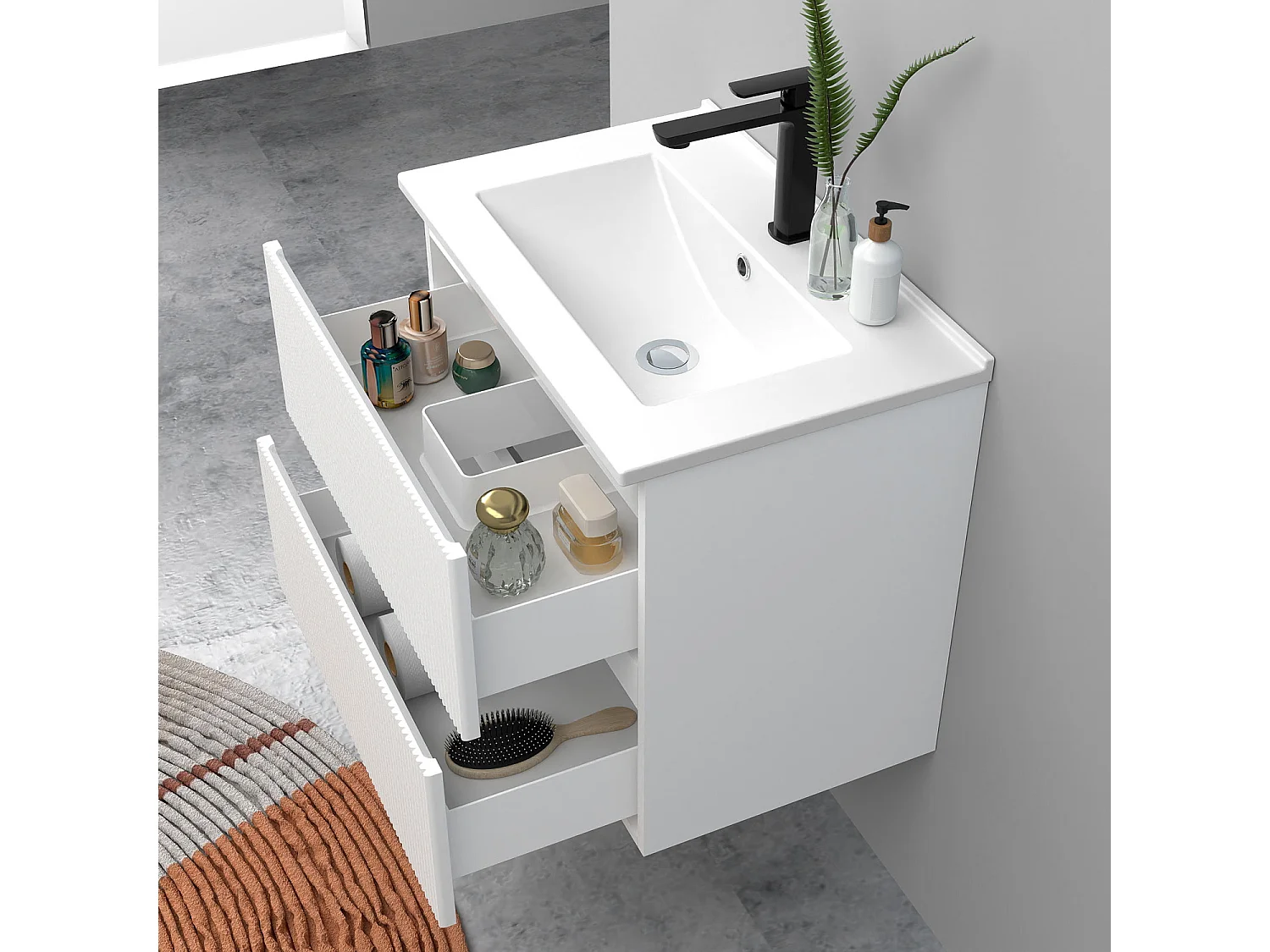 Meuble de salle de bain suspendu Strié 60cm avec simple vasque + 2 tiroirs, Blanc